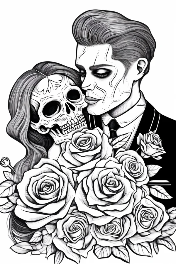 Coloring book page, day of the dead themed couple with a skull-faced woman and face-painted man — free printable day of the dead coloring book page