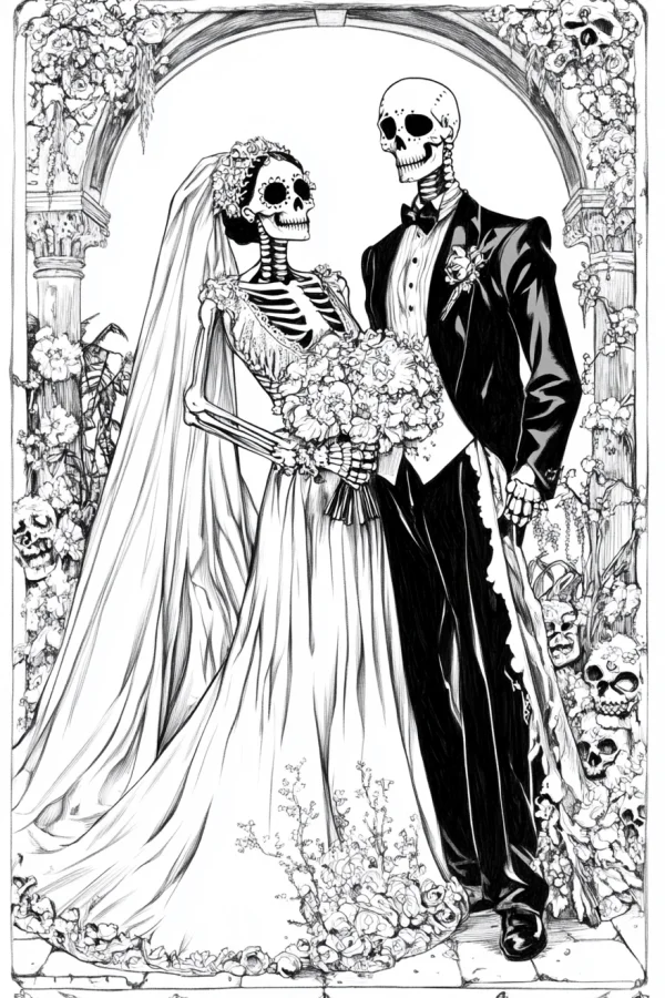 Skeleton bride and groom (day of the dead themed), gothic dark style — free printable wedding coloring book page