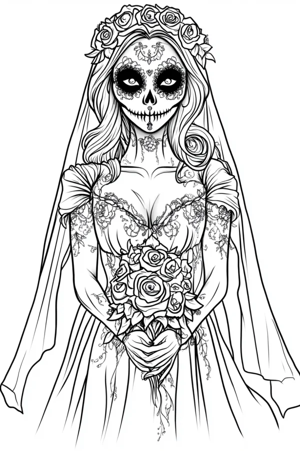 Day of the dead skeleton bride with rose crown and veil, holding a rose bouquet — free printable wedding coloring book page