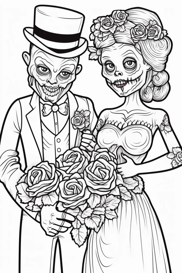 Skeleton bride and groom holding rose bouquet, gothic style — free printable wedding coloring book page