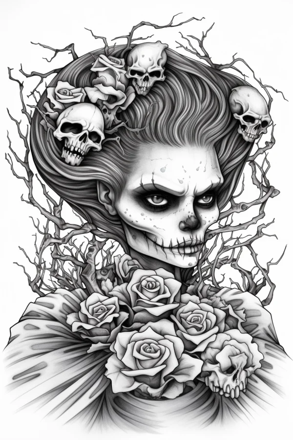 Sugar skull woman with small skulls in curly hair, gothic style — free printable day of the dead coloring book page