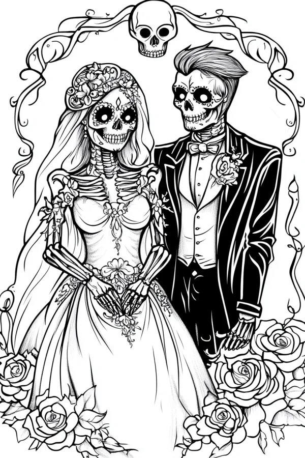 Day of the dead skeleton wedding couple (bride in wedding dress with veil, groom in formal suit) — free printable wedding coloring book page