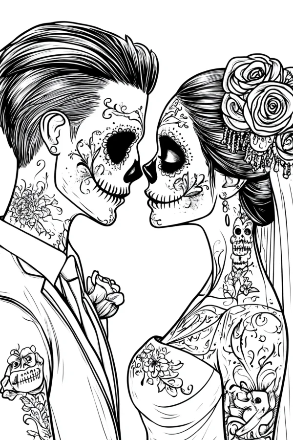 Day of the dead wedding skeleton couple, gothic dark style — free printable wedding coloring book page