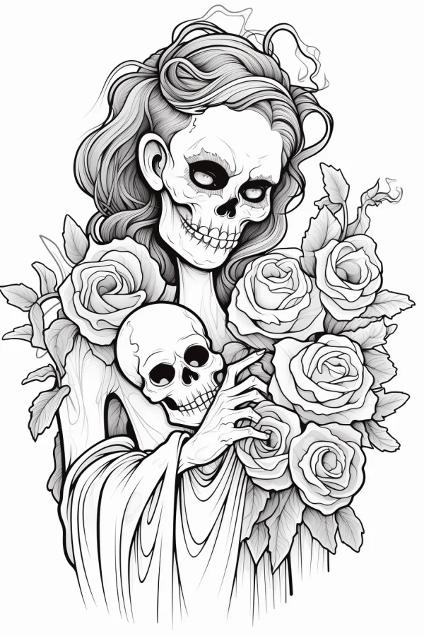 Gothic skeleton woman holding a small skull surrounded by roses, gothic horror style — free printable day of the dead coloring book page