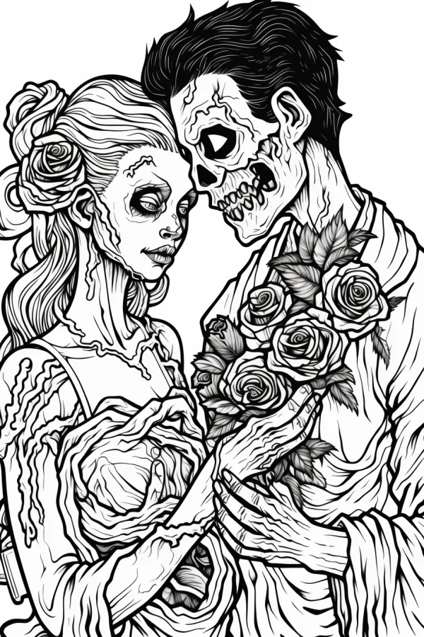 Zombie couple with rose bouquet, gothic horror style — free printable day of the dead coloring book page