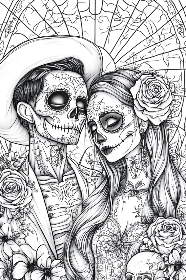 Day of the dead skeleton couple with roses and flowers, fantasy style — free printable day of the dead coloring book page