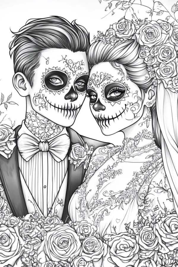 Day of the dead wedding couple with sugar skull makeup, gothic illustration style — free printable wedding coloring book page