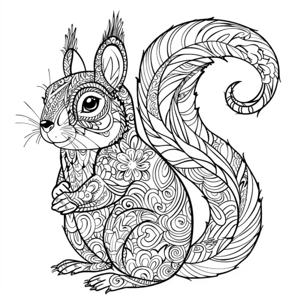 Zentangle style squirrel, intricate floral and spiral patterns — free printable art creation coloring book page