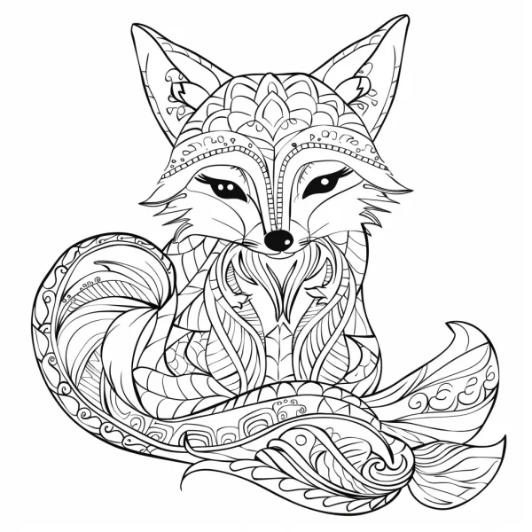 Mandala style fox, intricate zentangle patterns covering the body and tail — free printable creative art coloring book page