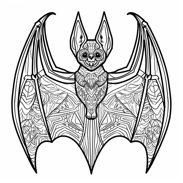 Mandala-style bat, intricate symmetrical decorative patterns on body and wings — free printable abstract coloring book page