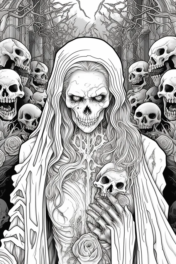Hooded skeleton woman holding small skull, gothic horror style — free printable day of the dead coloring book page