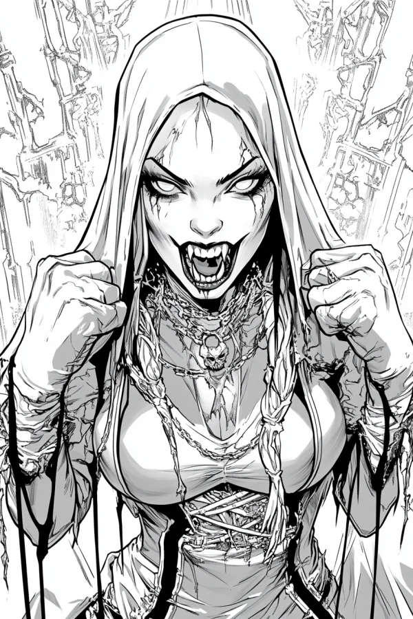 Vampire nun with fangs and clenched fists, gothic horror comic style — free printable gothic coloring book page