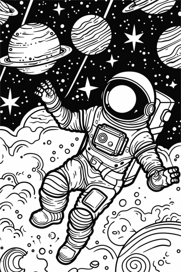 Astronaut floating in outer space, cartoon style — free printable space coloring book page