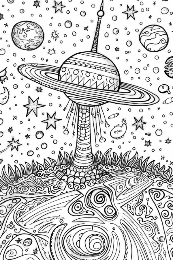 Fantasy space tower with rings, surreal fantasy style — free printable abstract coloring book page