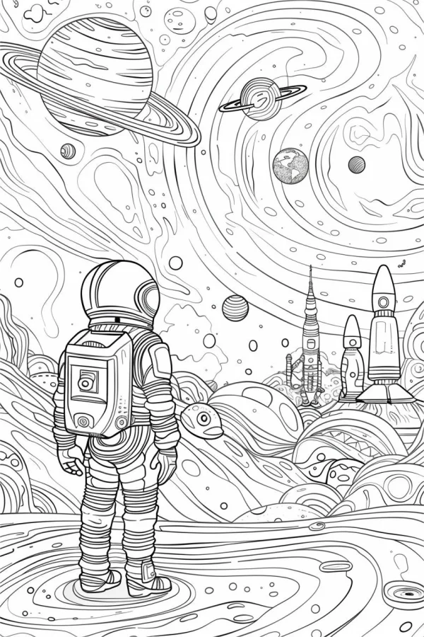 Space astronaut, sci-fi cartoon style — free printable space coloring book page