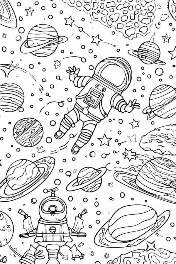 Astronaut and rocket in outer space, cartoon style — free printable space coloring book page