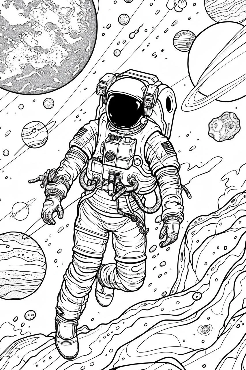 Space astronaut in outer space, sci-fi style — moderate detail — line art coloring page — for kids and adults of all ages