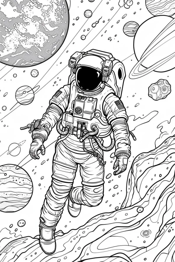 Space astronaut in outer space, sci-fi style — free printable space coloring book page