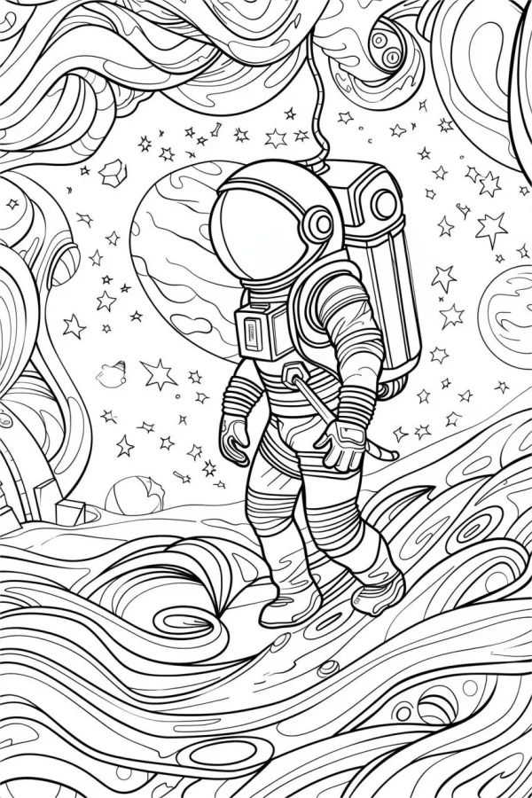 Space astronaut in cartoon sci-fi style, surreal space landscape with swirling fluid patterns — free printable space coloring book page