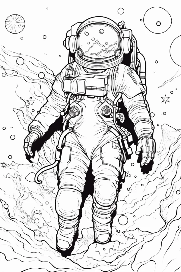 Astronaut in outer space, sci-fi style — free printable space coloring book page