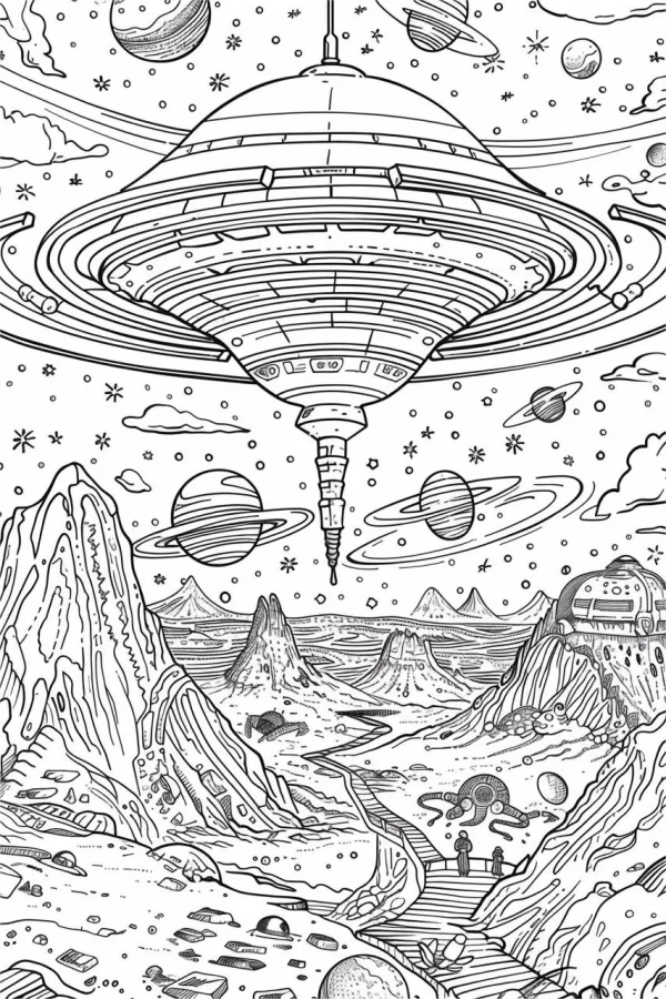 Coloring book page, flying saucer over alien landscape — free printable space coloring book page