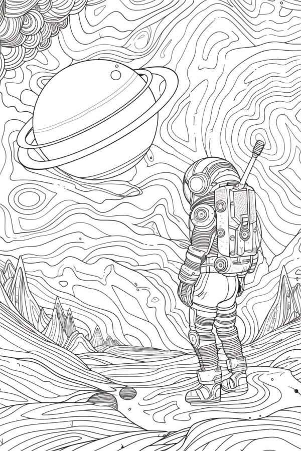 Astronaut standing on alien landscape, sci-fi style — free printable space coloring book page