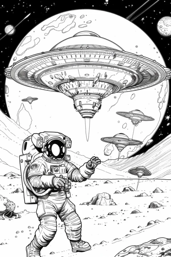 Space astronaut standing on alien planet, sci-fi illustration style — free printable space coloring book page
