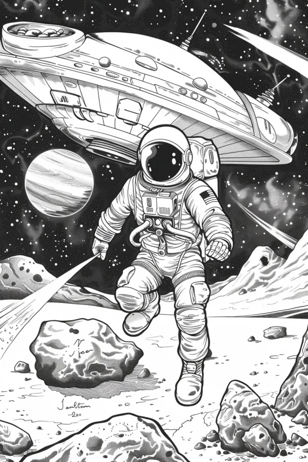 Astronaut walking on alien planet surface, sci-fi cartoon style — free printable space coloring book page