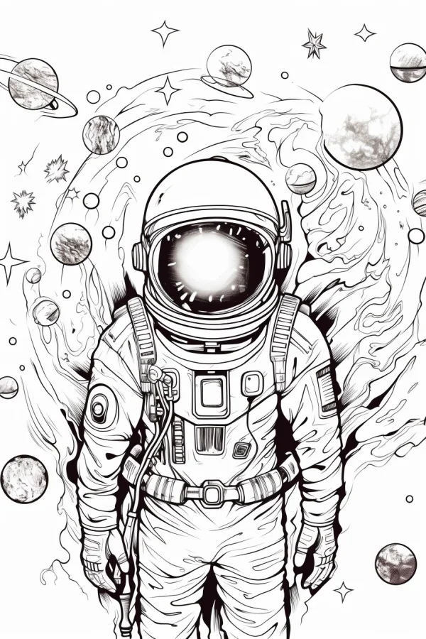 Astronaut in outer space, sci-fi realistic illustration style — free printable space coloring book page