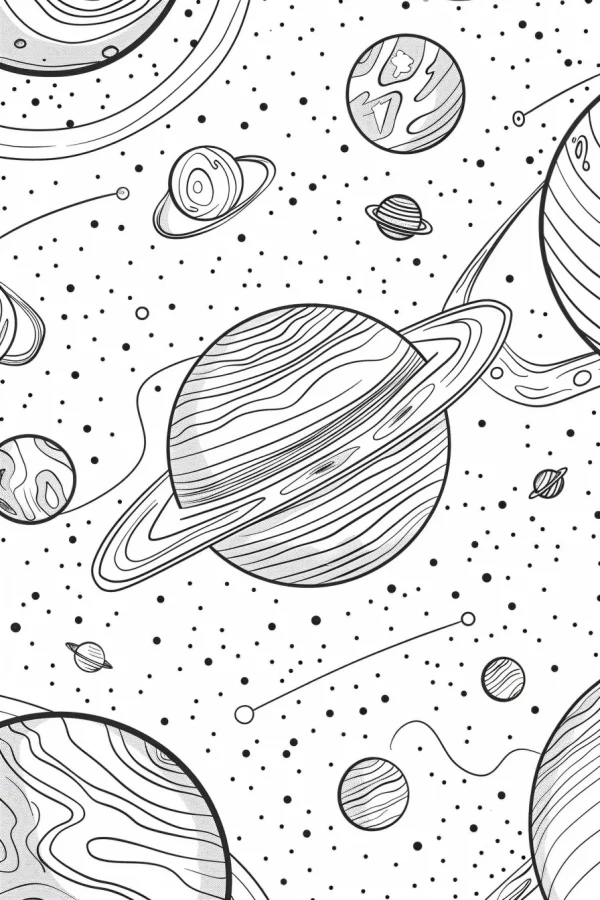 Space scene with various planets including a prominent ringed planet, sci-fi style — free printable space coloring book page