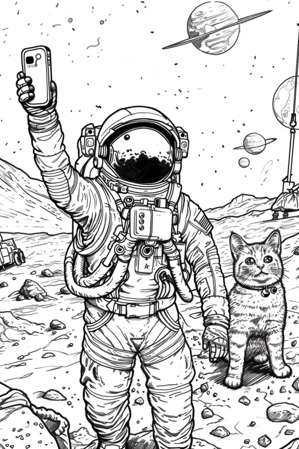 Astronaut taking selfie with tabby cat on alien planet surface, sci-fi cartoon style — free printable space coloring book page