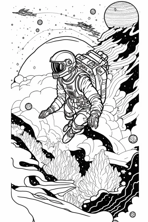 Space astronaut floating over alien mountain landscape, sci-fi style — free printable space coloring book page