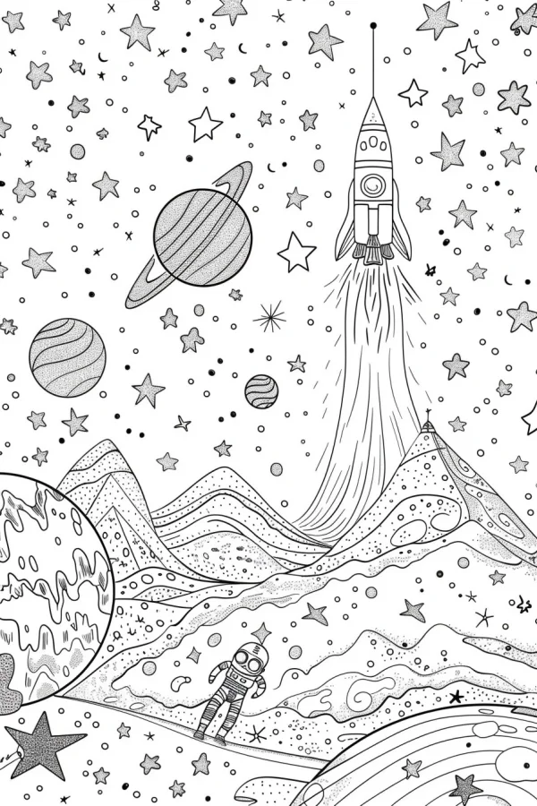 Astronaut and rocket in outer space, cartoon illustration style — free printable space coloring book page