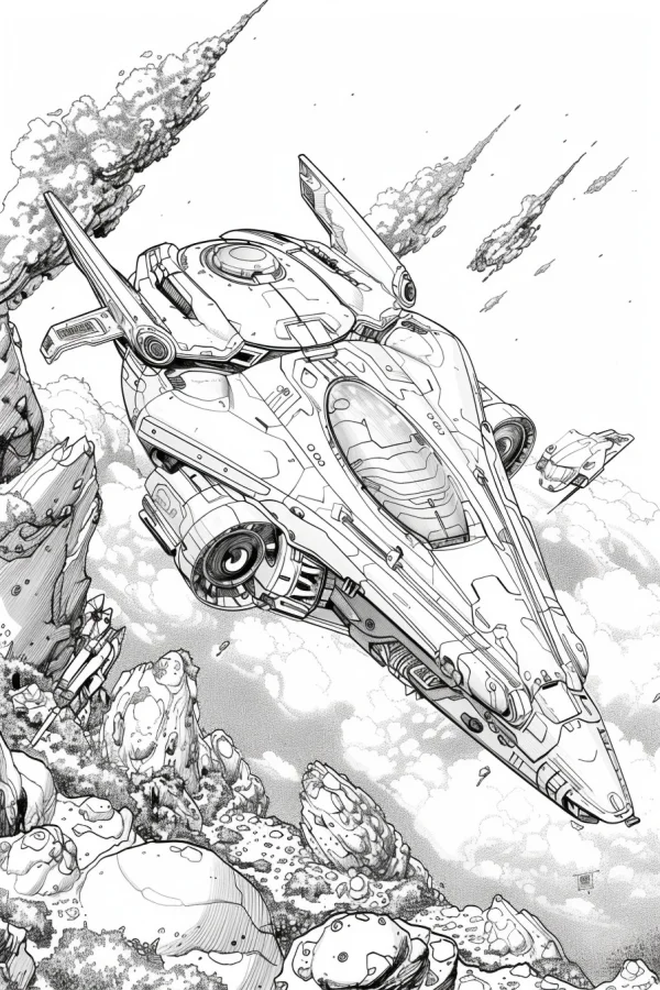 Sci-fi space spaceship, anime line art style — free printable space coloring book page
