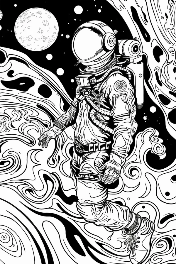 Sci-fi astronaut in detailed space suit, sci-fi line art style — free printable space coloring book page