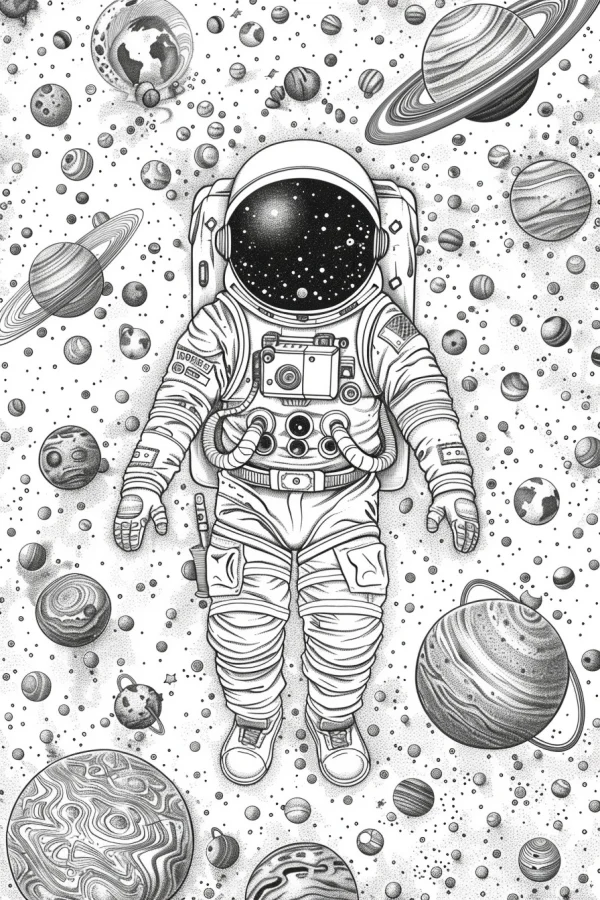 Space astronaut in detailed spacesuit, sci-fi style — free printable space coloring book page