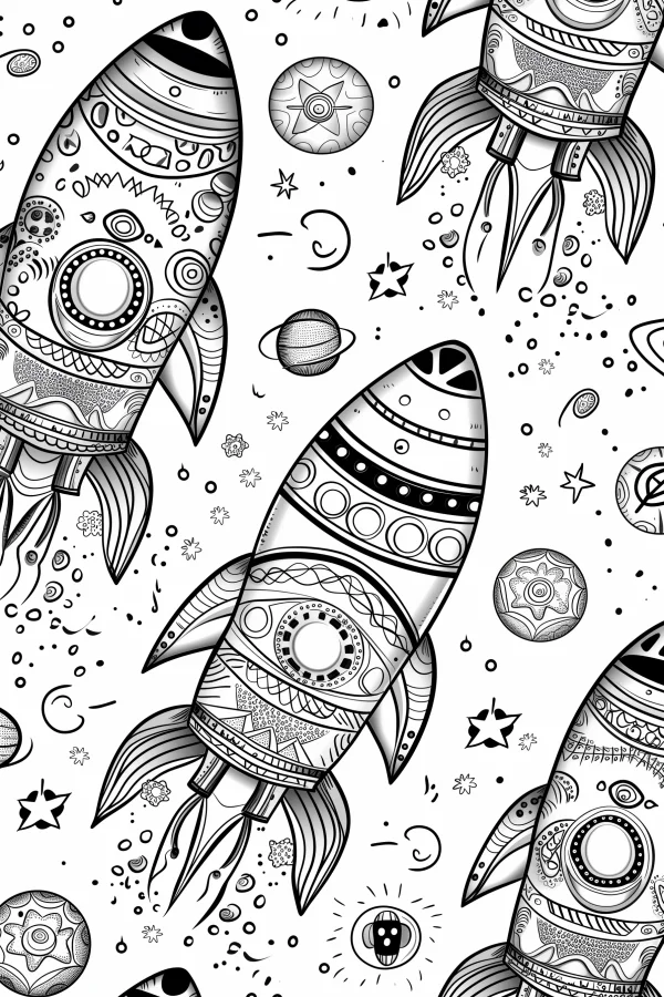 Decorative rockets with zentangle patterns, sci-fi space theme — free printable sci-fi coloring book page