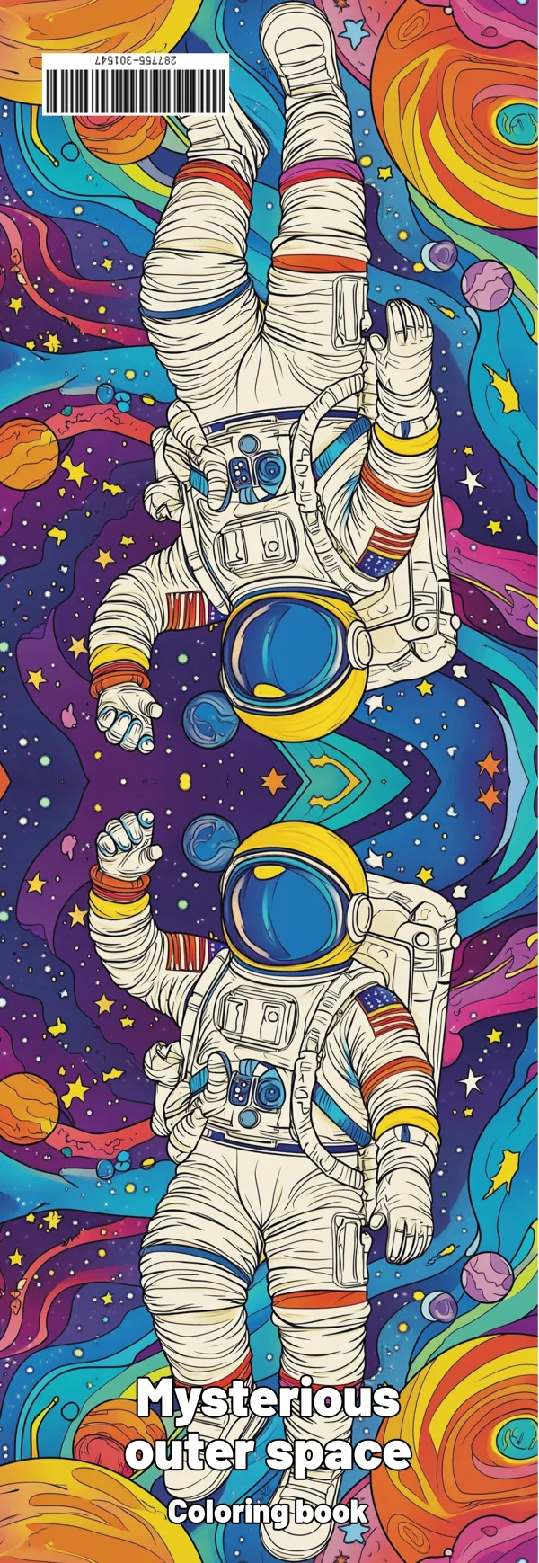 Coloring book cover, two floating space astronauts in cartoon sci-fi style — free printable coloring page