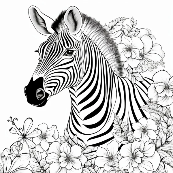 Zebra surrounded by various flowers and vines, realistic line art style — free printable animal theme coloring book page