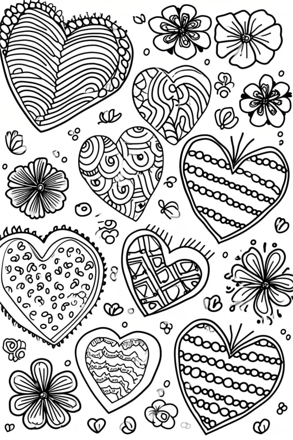 Decorative hearts with various line patterns, surrounded by flowers and small decorative elements — free printable valentine's day coloring book page
