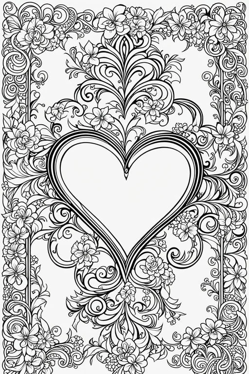 Decorative heart surrounded by intricate floral scrollwork, art nouveau style — free printable romance coloring book page