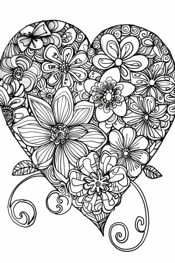 Zentangle style heart filled with various detailed flowers, intricate floral patterns with 'thank you' decorative lettering — free printable art creation coloring book page