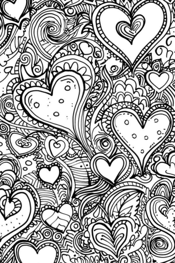 Coloring book page, zentangle style various decorated hearts — free printable romance coloring book page