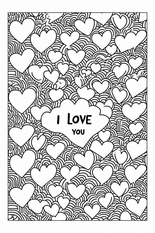 Heart with 'i love you' text, surrounded by various small hearts and zentangle-style repeated curved lines — free printable valentine's day coloring book page