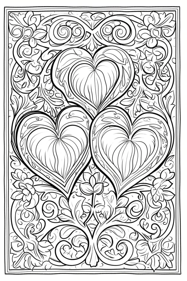 Heart and floral decorative pattern, art deco style — free printable valentine's day coloring book page