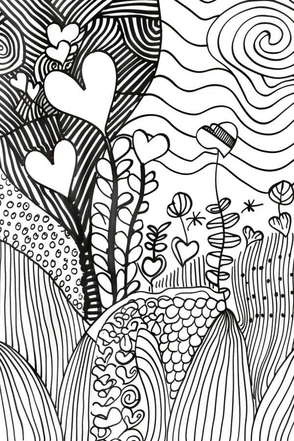 Zentangle style heart-shaped plants with various intricate geometric and repeating patterns, abstract art — free printable romance coloring book page