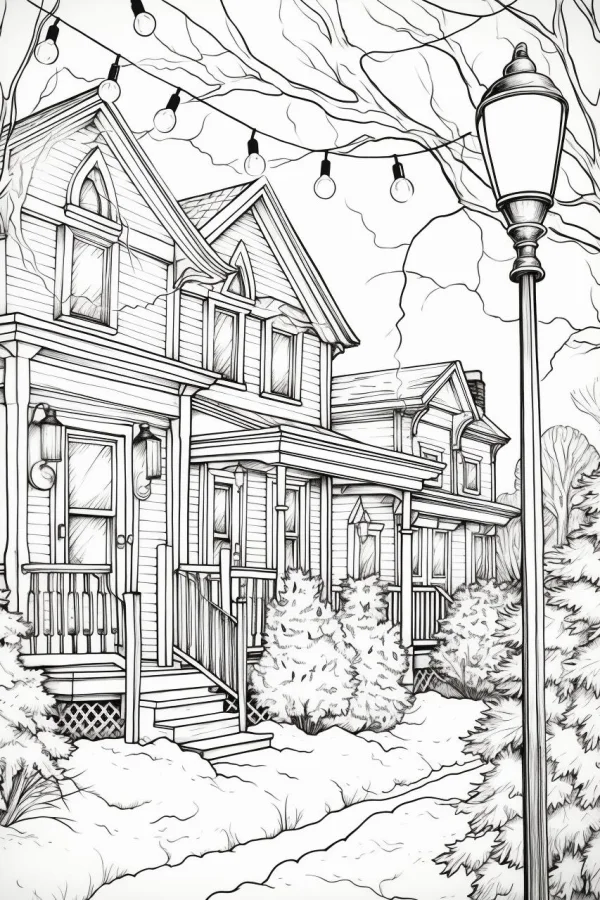 Winter christmas residential neighborhood, realistic line art style — free printable life theme coloring book page