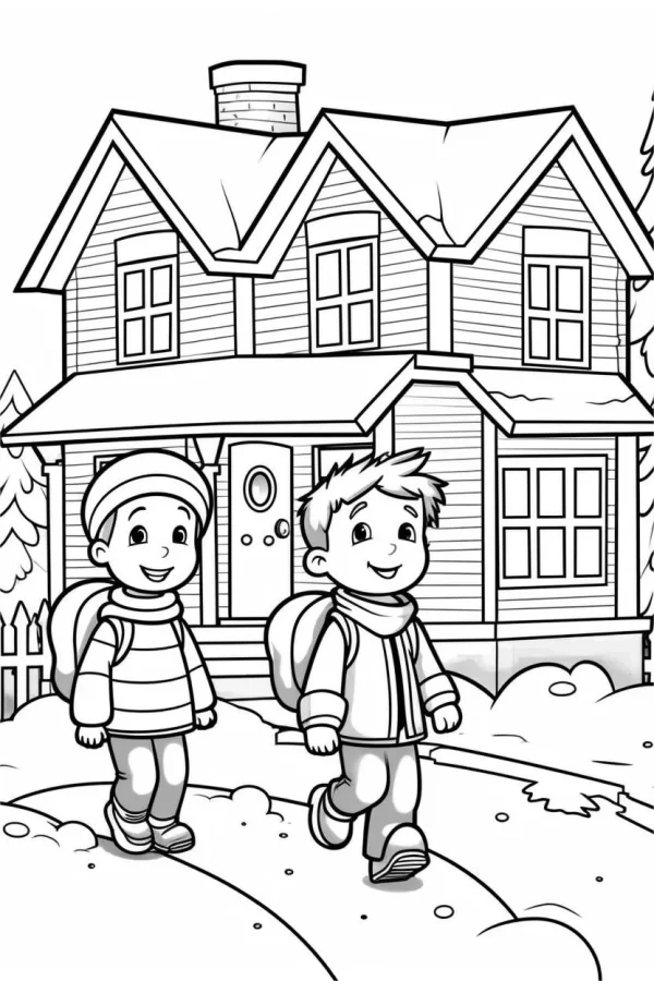 Two boys with backpacks, cartoon style — free printable learning coloring book page