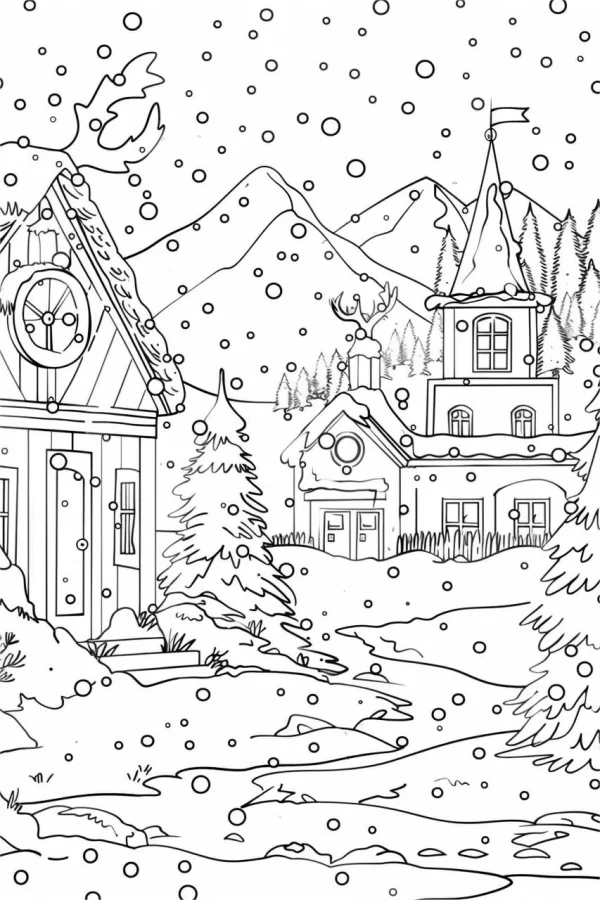 Christmas snowy town scene, cartoon style — free printable town scene coloring book page