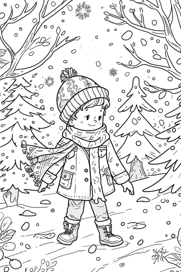 Little boy in winter outdoor outfit, cartoon style — free printable children coloring book page